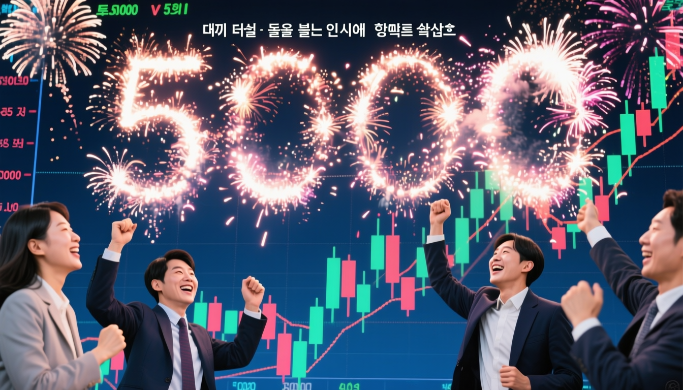 코스피 5000 돌파를 축하하는 역동적인 주식 시장 이미지